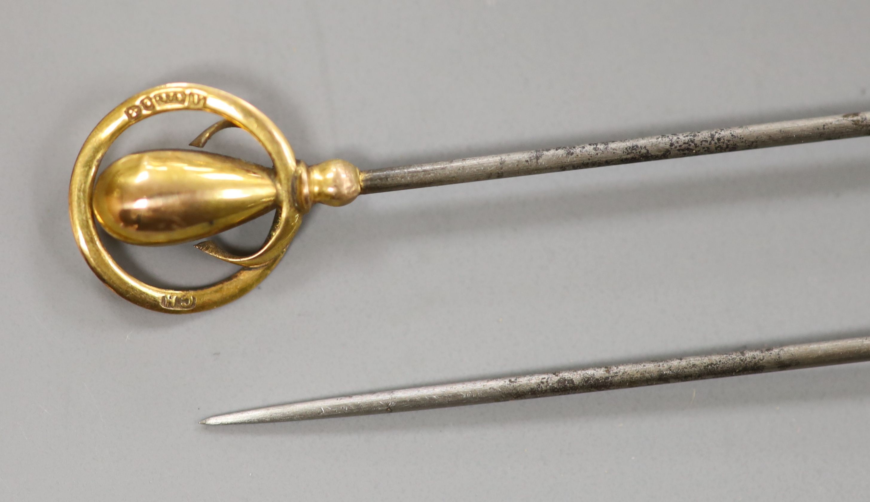 A pair of Charles Hornet 9ct gold mounted hat pins, 16.6cm.